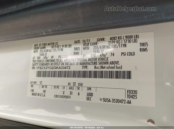 1FBZX2YG2GKA33472 2016 FORD TRANSIT-350 White Vista del compartimento del motor