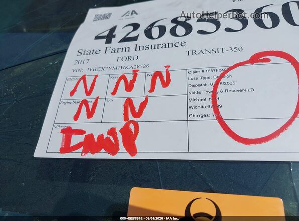 1FBZX2YM1HKA28528 2017 FORD TRANSIT-350 White Widok tylnych siedzeń