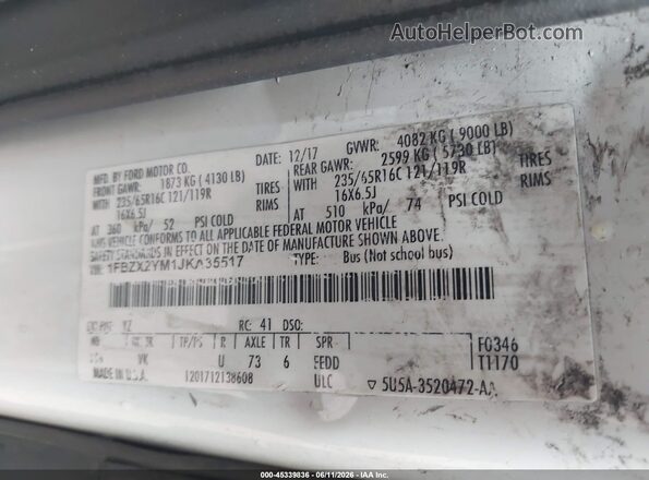 1FBZX2YM1JKA35517 2018 FORD TRANSIT-350 White 