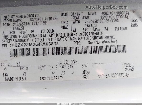1FBZX2ZM2GKA63835 2016 FORD TRANSIT-350 White Vista del compartimento del motor