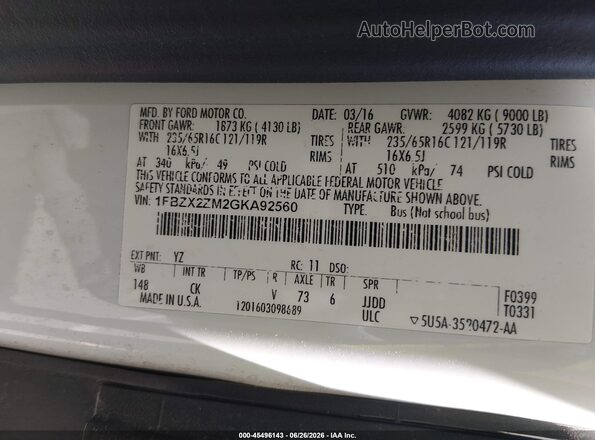 1FBZX2ZM2GKA92560 2016 FORD TRANSIT-350 White Widok komory silnika