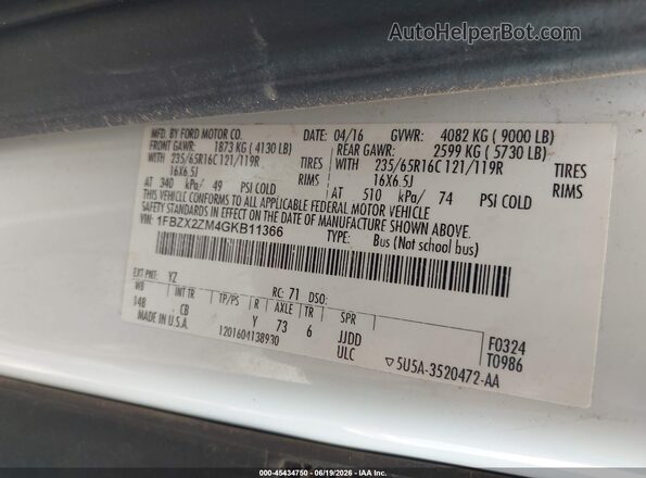 1FBZX2ZM4GKB11366 2016 FORD TRANSIT-350 White ძრავის განყოფილების ხედი