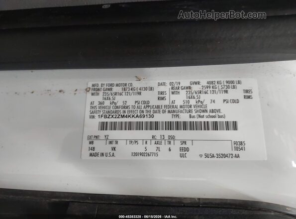 1FBZX2ZM4KKA69130 2019 FORD TRANSIT-350 White Widok komory silnika