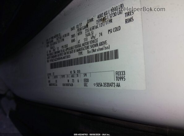 1FBZX2ZM5HKA67203 2017 FORD TRANSIT-350 White Вид наклейки з VIN-кодом