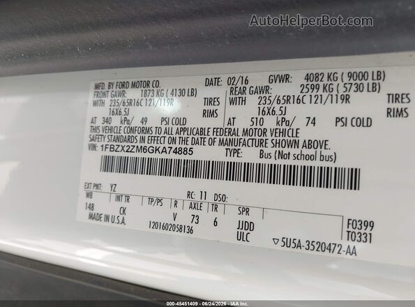 1FBZX2ZM6GKA74885 2016 FORD TRANSIT-350 White Շարժիչի բաժամունքի տեսք