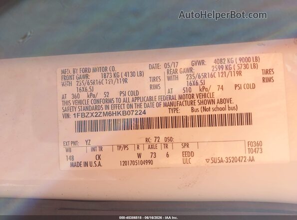 1FBZX2ZM6HKB07224 2017 FORD TRANSIT-350 White Widok komory silnika