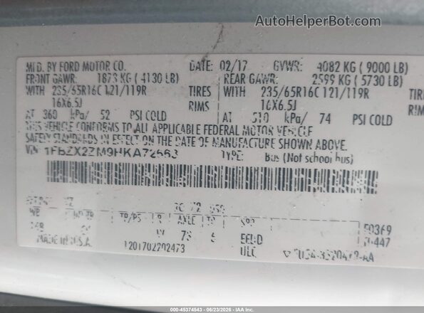 1FBZX2ZM9HKA72663 2017 FORD TRANSIT-350 White Widok komory silnika