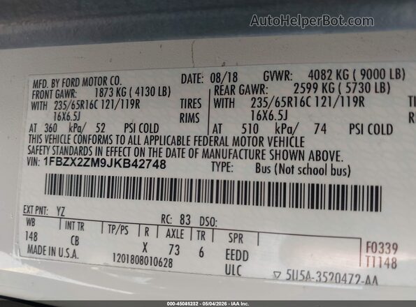 1FBZX2ZM9JKB42748 2018 FORD TRANSIT-350 White 