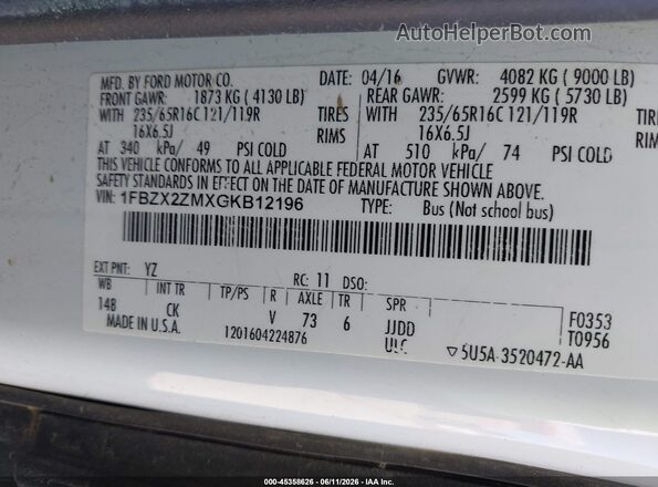 1FBZX2ZMXGKB12196 2016 FORD TRANSIT-350 White Вид підкапотного простору