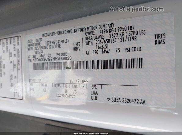1FDAX2CG2NKA69820 2022 FORD TRANSIT-350 White Vista del compartimento del motor