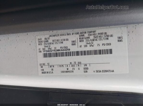 1FDAX2Y82MKA64259 2021 FORD TRANSIT-350 White Շարժիչի բաժամունքի տեսք