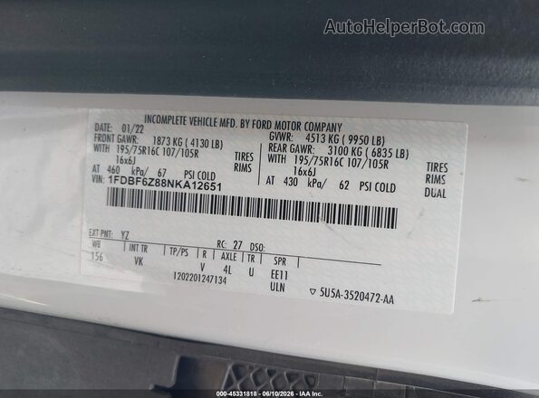 1FDBF6Z88NKA12651 2022 FORD TRANSIT-350 White 