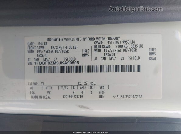 1FDBF8ZM9JKA90505 2018 FORD TRANSIT-350 White Շարժիչի բաժամունքի տեսք