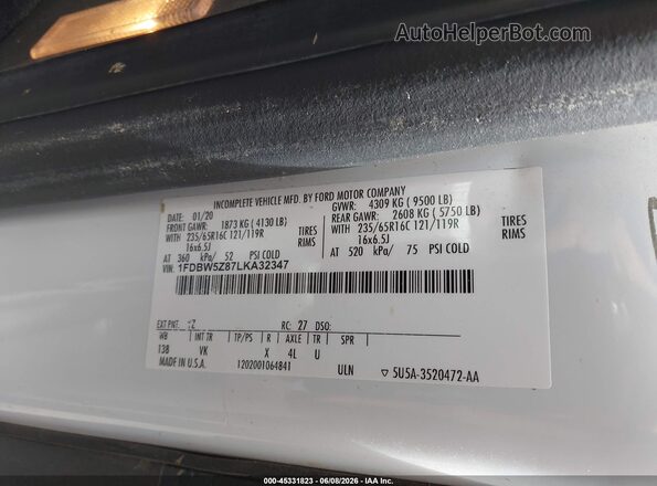 1FDBW5Z87LKA32347 2020 FORD TRANSIT-350 White 