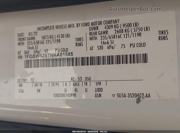 1FDBW5Z87NKA01585 2022 FORD TRANSIT-350 White ძრავის განყოფილების ხედი