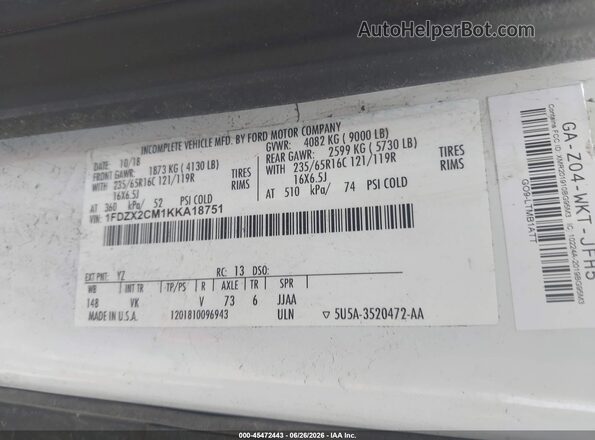 1FDZX2CM1KKA18751 2019 FORD TRANSIT-350 White Вид підкапотного простору