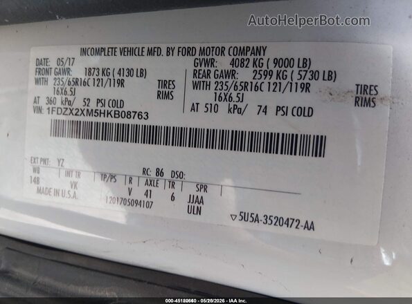 1FDZX2XM5HKB08763 2017 FORD TRANSIT-350 White 