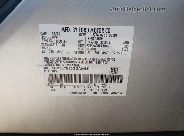 1FM5K7B80GGA04851 2016 FORD EXPLORER Gray Vista del compartimento del motor