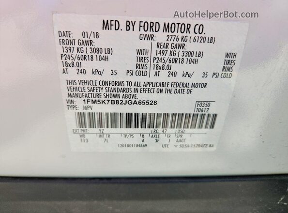1FM5K7B82JGA65528 2018 FORD EXPLORER White VIN sticker view