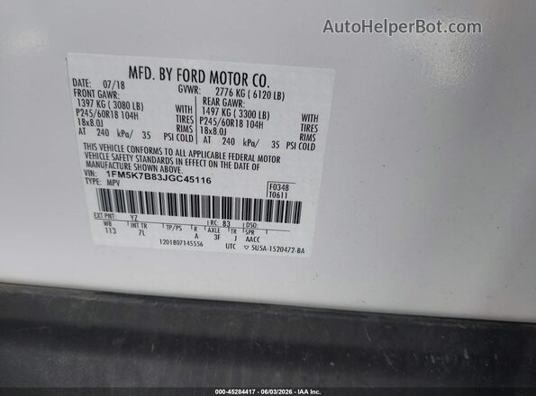 1FM5K7B83JGC45116 2018 FORD EXPLORER White 