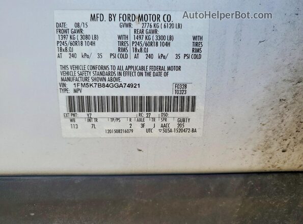 1FM5K7B84GGA74921 2016 FORD EXPLORER White 