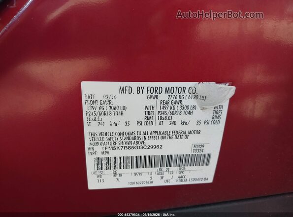 1FM5K7B85GGC29962 2016 FORD EXPLORER Red Շարժիչի բաժամունքի տեսք