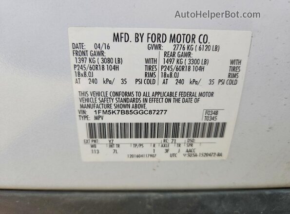 1FM5K7B85GGC87277 2016 FORD EXPLORER White VIN կոդի պիտակի տեսք