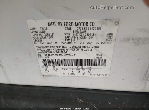 1FM5K7B85JGA52031 2018 FORD EXPLORER White Widok komory silnika