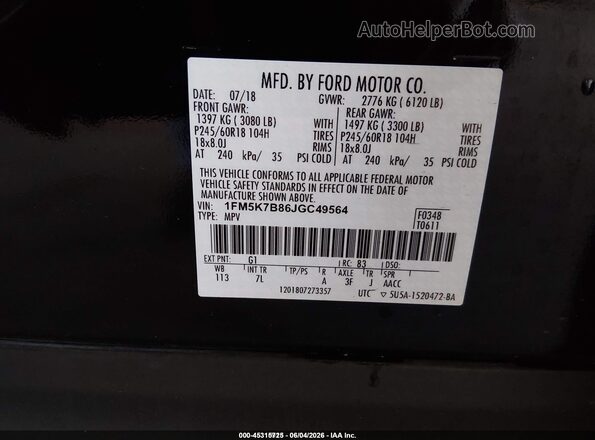 1FM5K7B86JGC49564 2018 FORD EXPLORER Black 