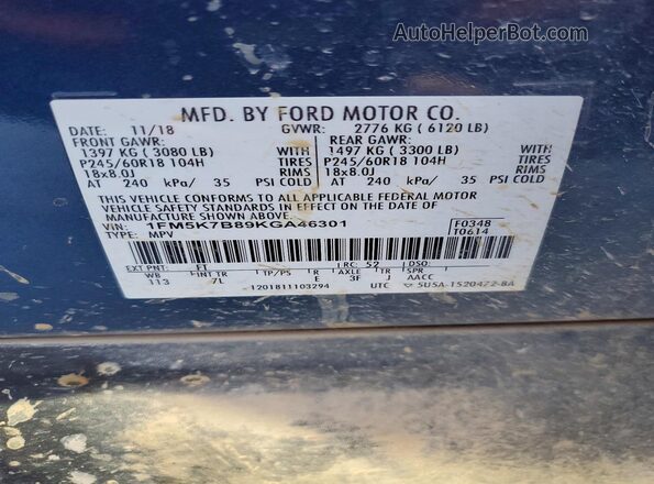 1FM5K7B89KGA46301 2019 FORD EXPLORER Black Vista de la etiqueta del VIN