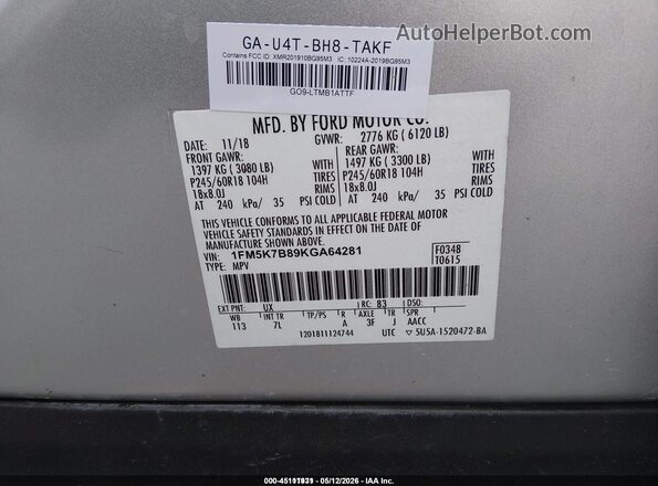1FM5K7B89KGA64281 2019 FORD EXPLORER Gray Շարժիչի բաժամունքի տեսք