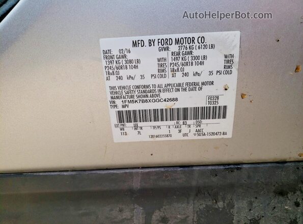 1FM5K7B8XGGC42688 2016 FORD EXPLORER Серебряный Вид наклейки с VIN-кодом