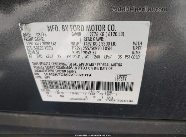 1FM5K7D80GGC61019 2016 FORD EXPLORER Gray Vista del compartimento del motor