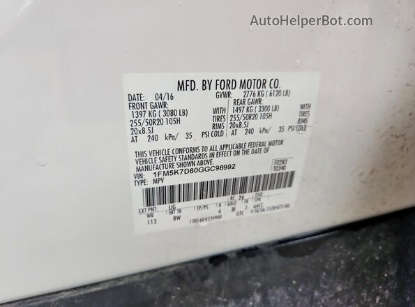 1FM5K7D80GGC98992 2016 FORD EXPLORER White 