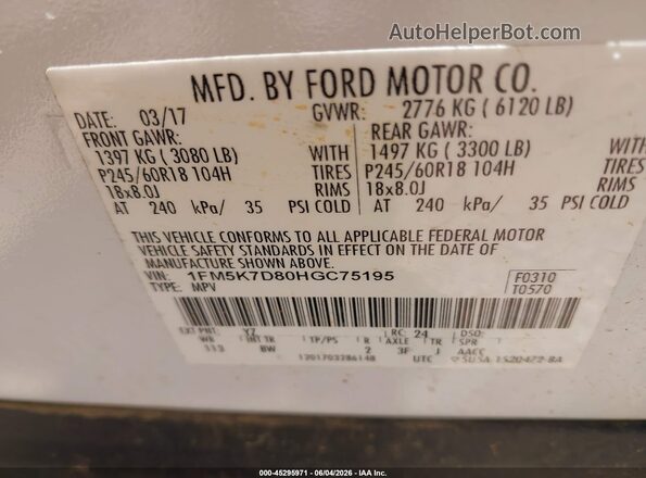 1FM5K7D80HGC75195 2017 FORD EXPLORER White Vista del compartimento del motor