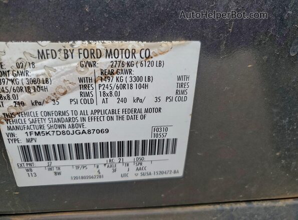 1FM5K7D80JGA87069 2018 FORD EXPLORER Charcoal 