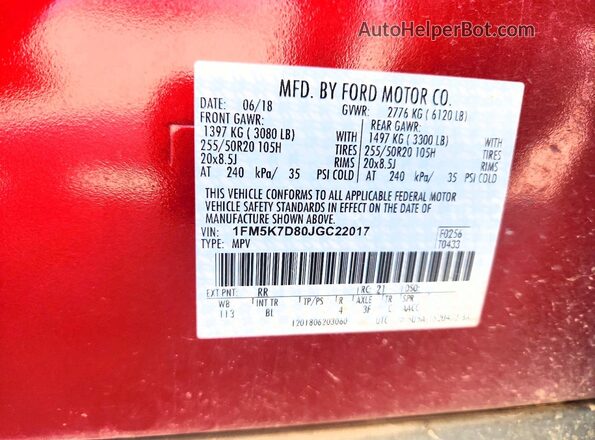 1FM5K7D80JGC22017 2018 FORD EXPLORER Maroon Вид наклейки з VIN-кодом