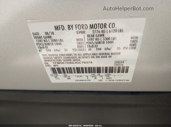 1FM5K7D80JGC70374 2018 FORD EXPLORER Silver Vista del compartimento del motor