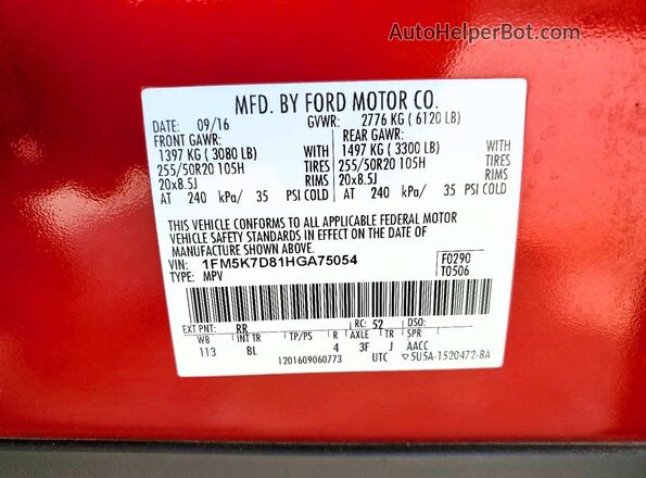 1FM5K7D81HGA75054 2017 FORD EXPLORER Burgundy Vista de la etiqueta del VIN