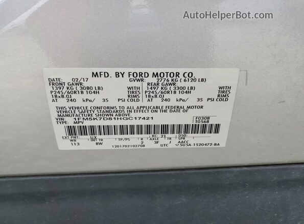 1FM5K7D81HGC17421 2017 FORD EXPLORER Silver 