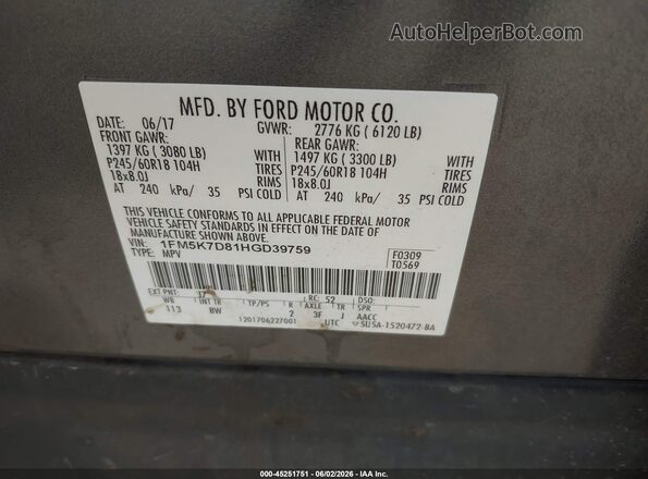 1FM5K7D81HGD39759 2017 FORD EXPLORER Gray Vista del compartimento del motor