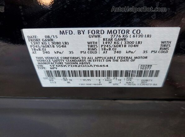 1FM5K7D82GGA76454 2016 FORD EXPLORER Black VIN sticker view