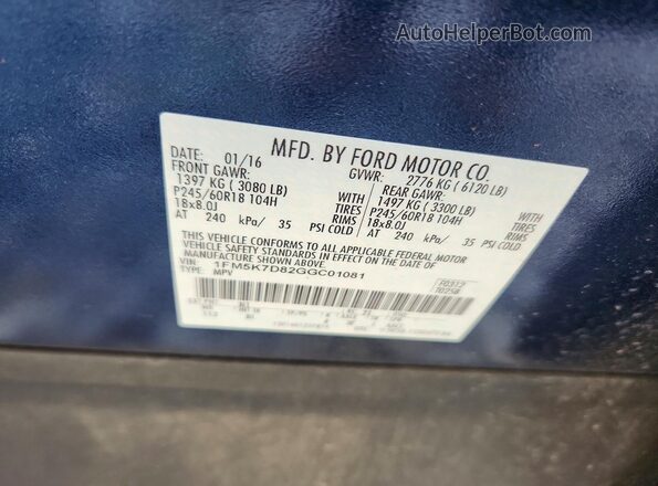 1FM5K7D82GGC01081 2016 FORD EXPLORER Blue VIN կոդի պիտակի տեսք