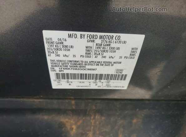 1FM5K7D82GGC98587 2016 FORD EXPLORER Gray 