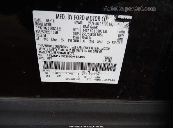 1FM5K7D82HGA12495 2017 FORD EXPLORER Black Vista del compartimento del motor