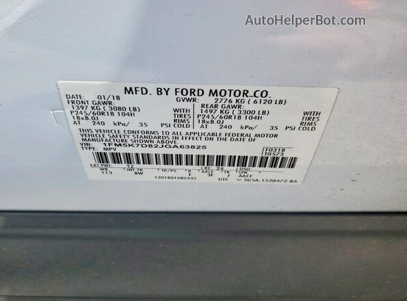 1FM5K7D82JGA63825 2018 FORD EXPLORER White 