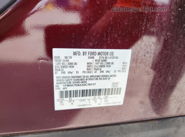 1FM5K7D82JGC70117 2018 FORD EXPLORER Maroon 