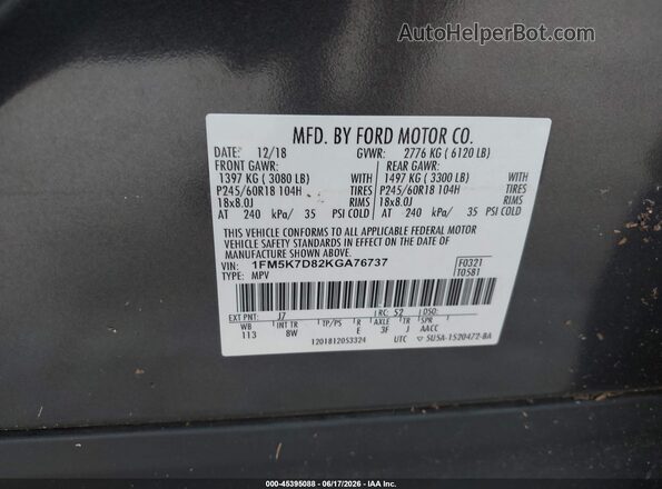 1FM5K7D82KGA76737 2019 FORD EXPLORER Gray ძრავის განყოფილების ხედი