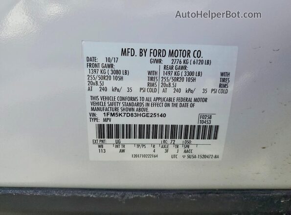 1FM5K7D83HGE25140 2017 FORD EXPLORER White VIN კოდის სტიკერის ხედი