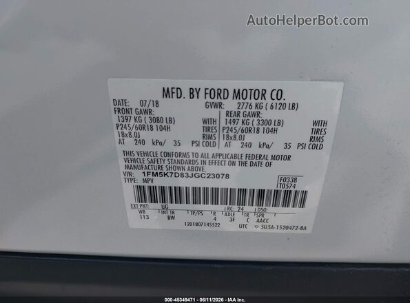 1FM5K7D83JGC23078 2018 FORD EXPLORER White Вид підкапотного простору